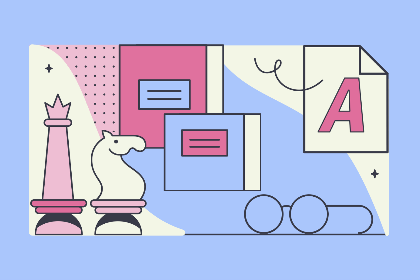 Blue abstract with chess pieces, notebooks, spectacles, and the grade